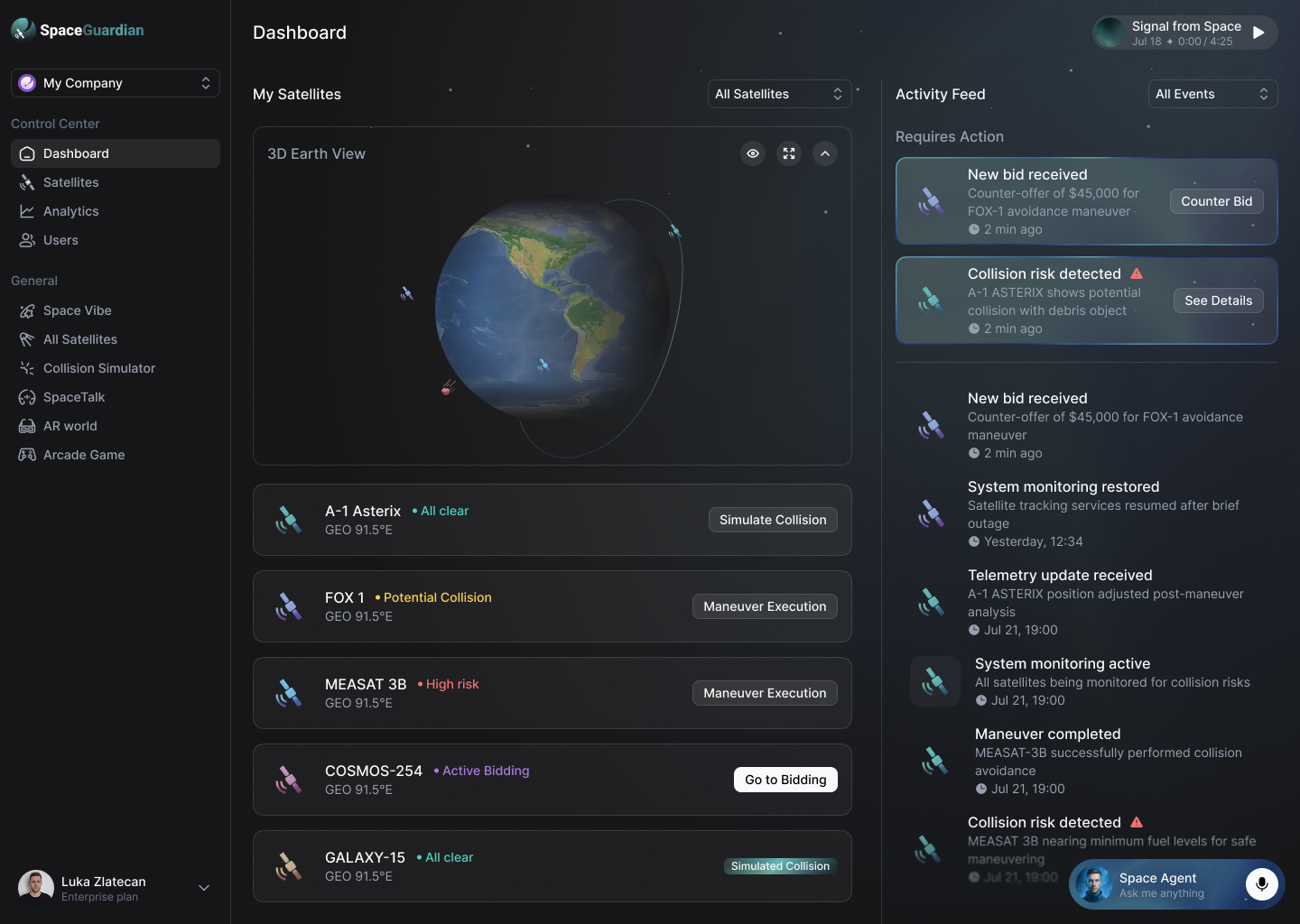 SpaceGuardian operator dashboard with 3D Earth view and conjunction alerts