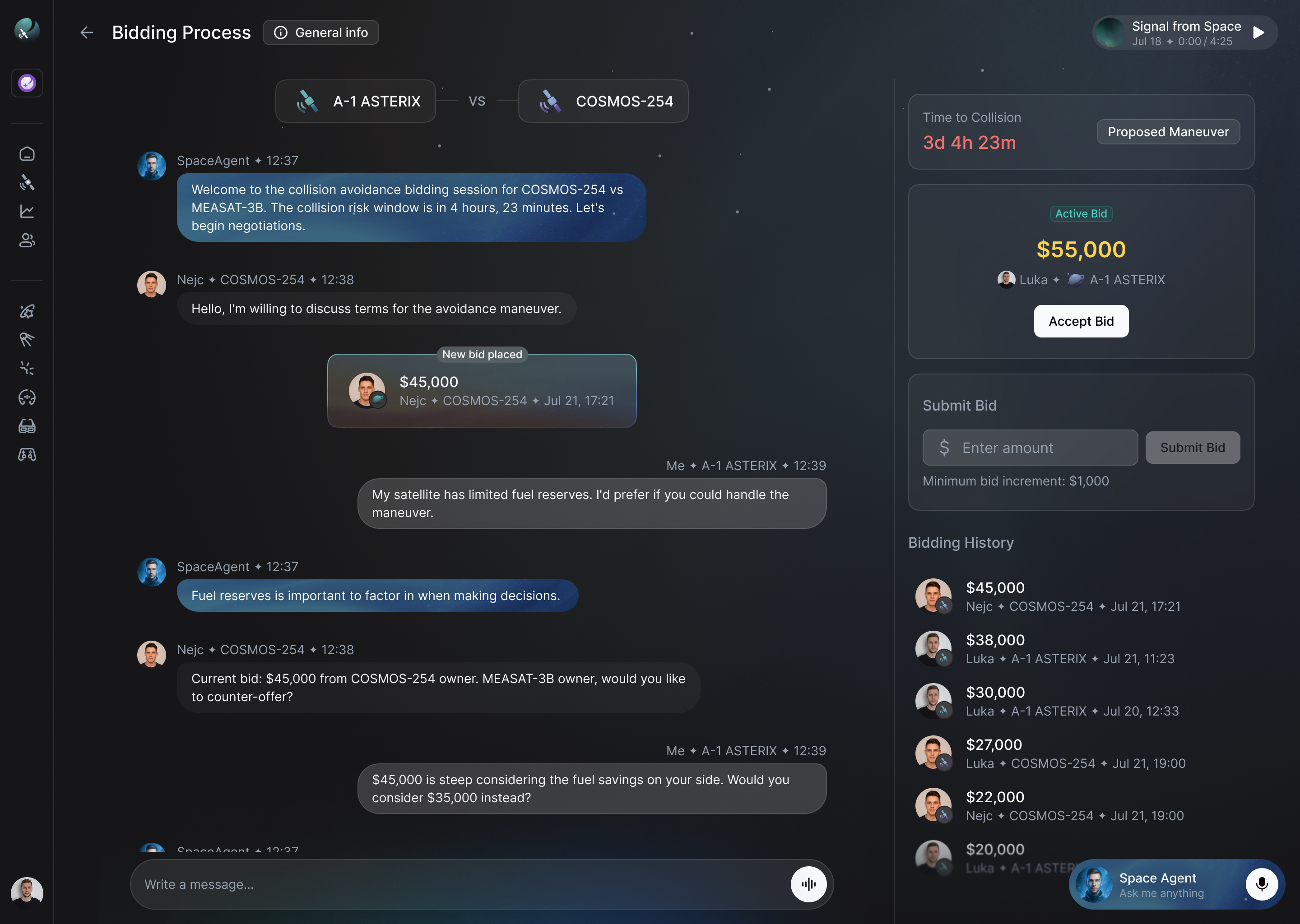 SpaceGuardian collision bidding session interface